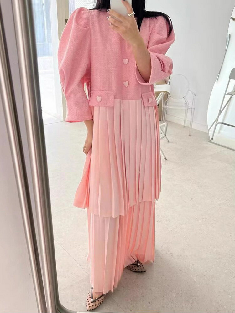 【最大2000円OFFクーポン有】ドレス 春季 新作 かわいい ハート ボタン装飾 厚手 ピンパッチ プリーツ レディース ファッション