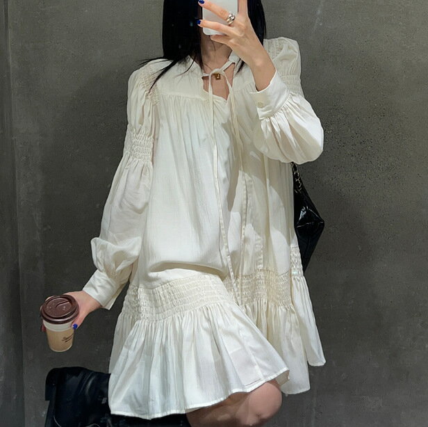 【最大2000円まとめクーポン利用可】ワンピース 長袖 ランタン袖 ゆったり Aライン レトロ スイート 小柄向け ホワイト レディース