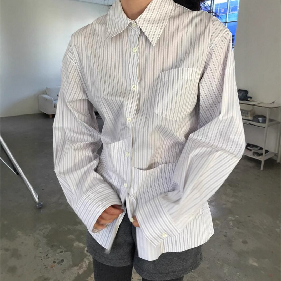 【最大2000円OFFクーポン有】シャツ 長袖 ストライプ柄 多ポケット バックドローストリング ゆったり カジュアル フランス風 春用 レディース