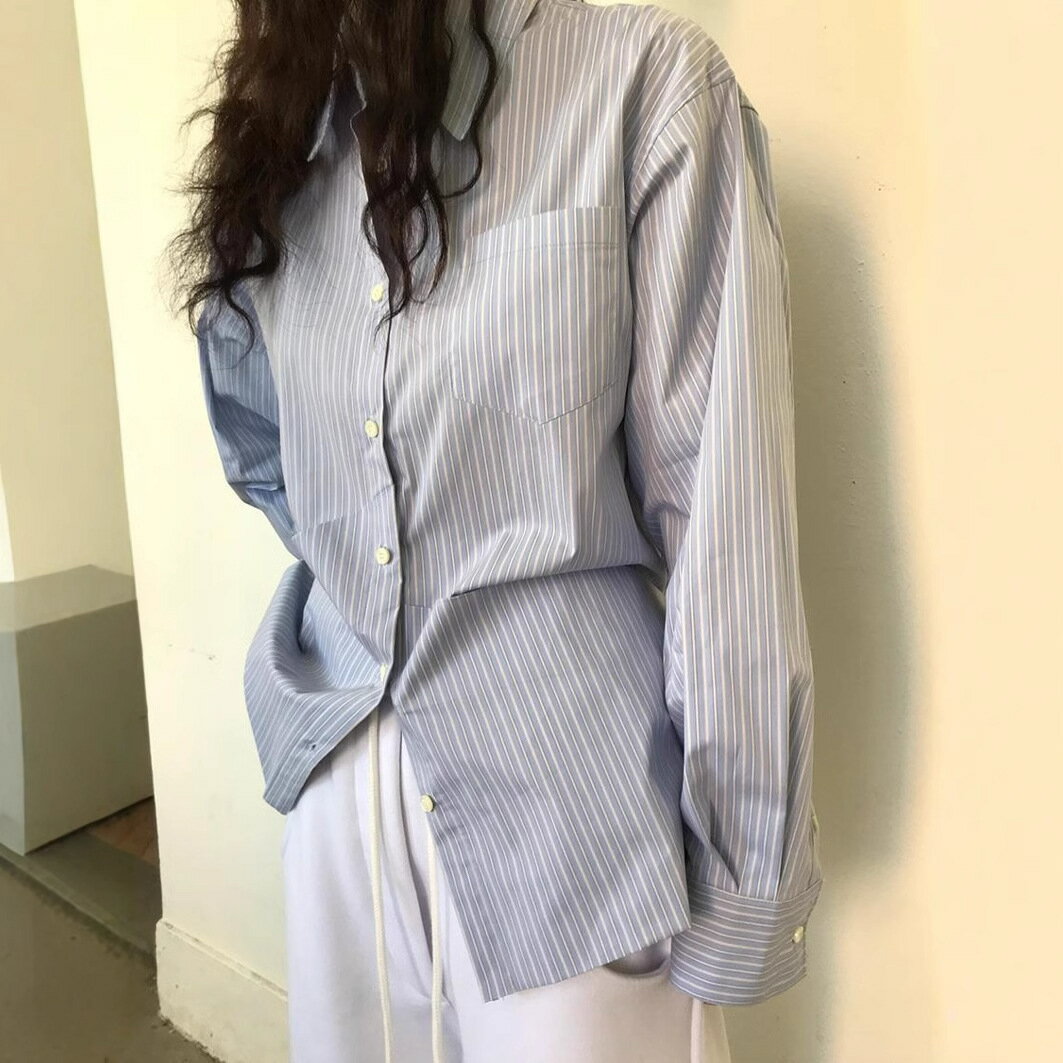 【最大2000円OFFクーポン有】シャツ 長袖 ストライプ柄 多ポケット バックドローストリング ゆったり カジュアル フランス風 春用 レディース