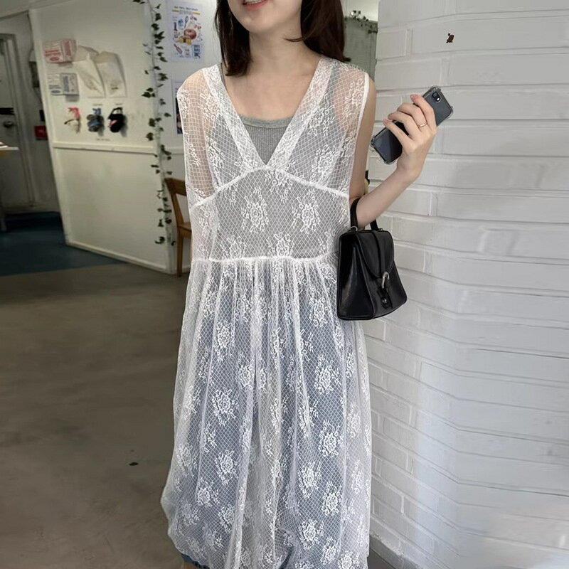 SS値引き＆最大2000円まとめクーポン！ワンピース Vネック 切替え 透け感 カジュアル 女性用 春夏用 ルースシルエット