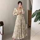 【GW限定15%OFFクーポン有】レディース ドレス 体型カバー 水墨染め ショルダー パフスリーブ ウエストマーク プリーツ スカート