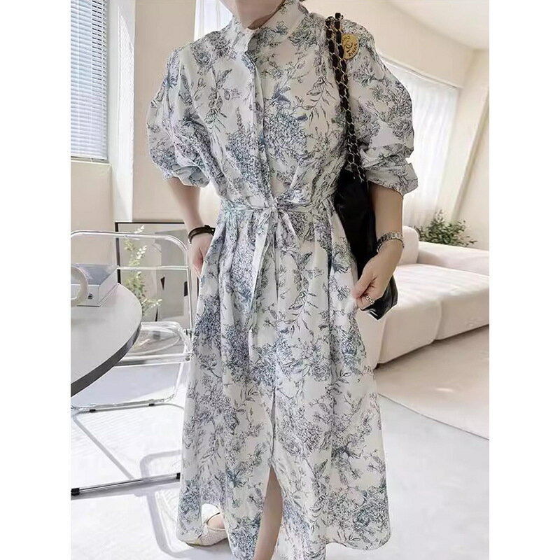 【最大15%OFFお買い物マラソン限定】ワンピース 春のレトロ 民族風 スタンドカラー ボタン 水墨画 プリント リボン 絞りウエスト スリーブあり ロングドレス