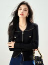 【GW限定15%OFFクーポン有】ニットカーディガン 黒 レディース 秋 ダブルファスナー リブ編み フィット トレンド ラペル