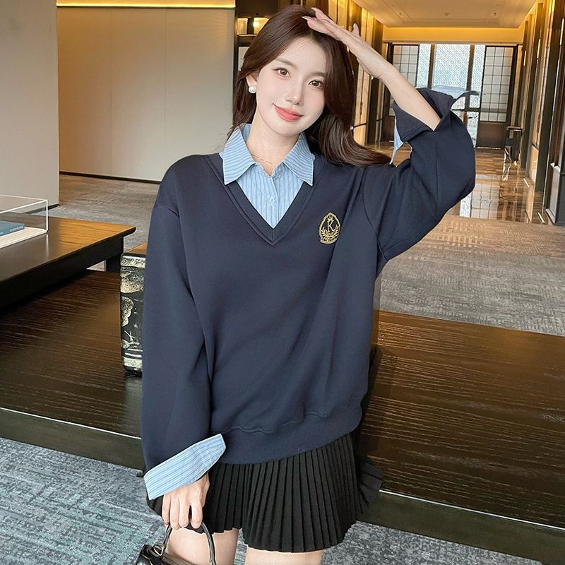 秋冬 加厚 裏起毛 カジュアル ゆったり 大きいサイズ パーカー シャツカラー 女性用