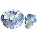 茶器セット 手描き 青花釉下彩 客家風 土楼モチーフ ティーポット ティーカップ 茶盤付き