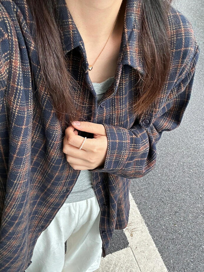 【最大15%OFFお買い物マラソン限定】シャツ レディース 長袖 チェック柄 ネイビー 裏起毛 レトロ シンプル カジュアル 秋