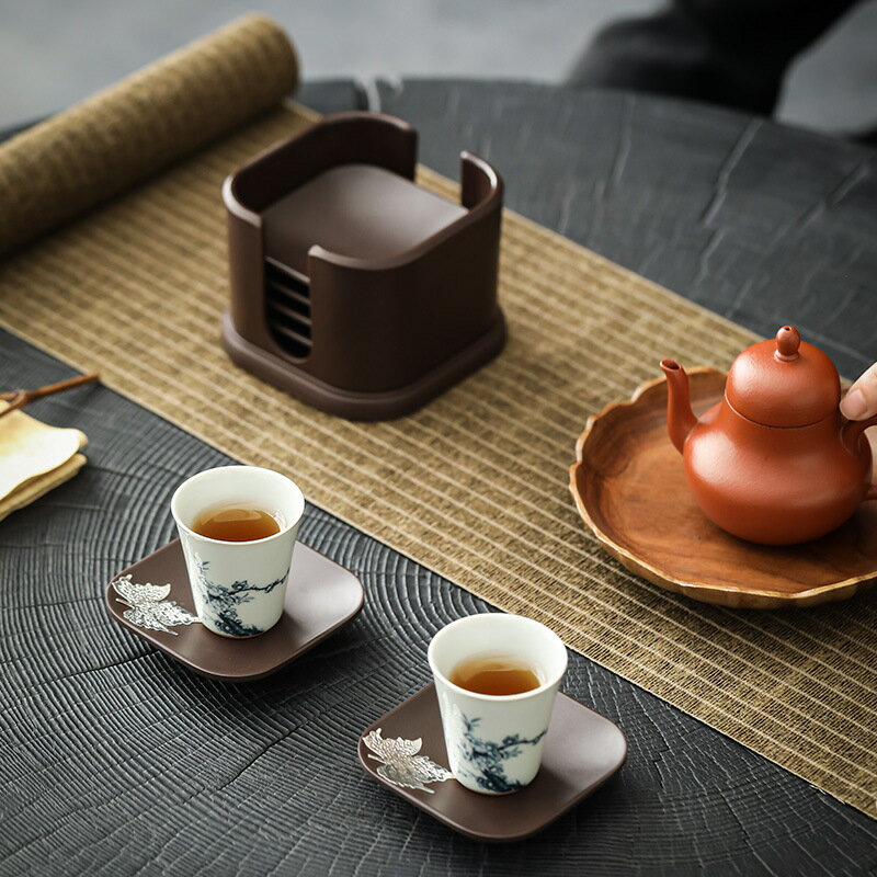 【最大21％OFF夏セールまとめクーポン有】茶道 道具 茶具 セット 電木製 茶杯 対応 ティーコースター 黒檀製 断熱 マット 家庭用 日本製 収納便利