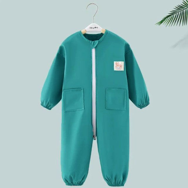 SS値引き＆最大2000円まとめクーポン！プレイウエア 子供服 イージーケア 遊び着 つなぎ クルーネック スモック 袖ゴム 撥水加工 通気性 ダブルファスナー