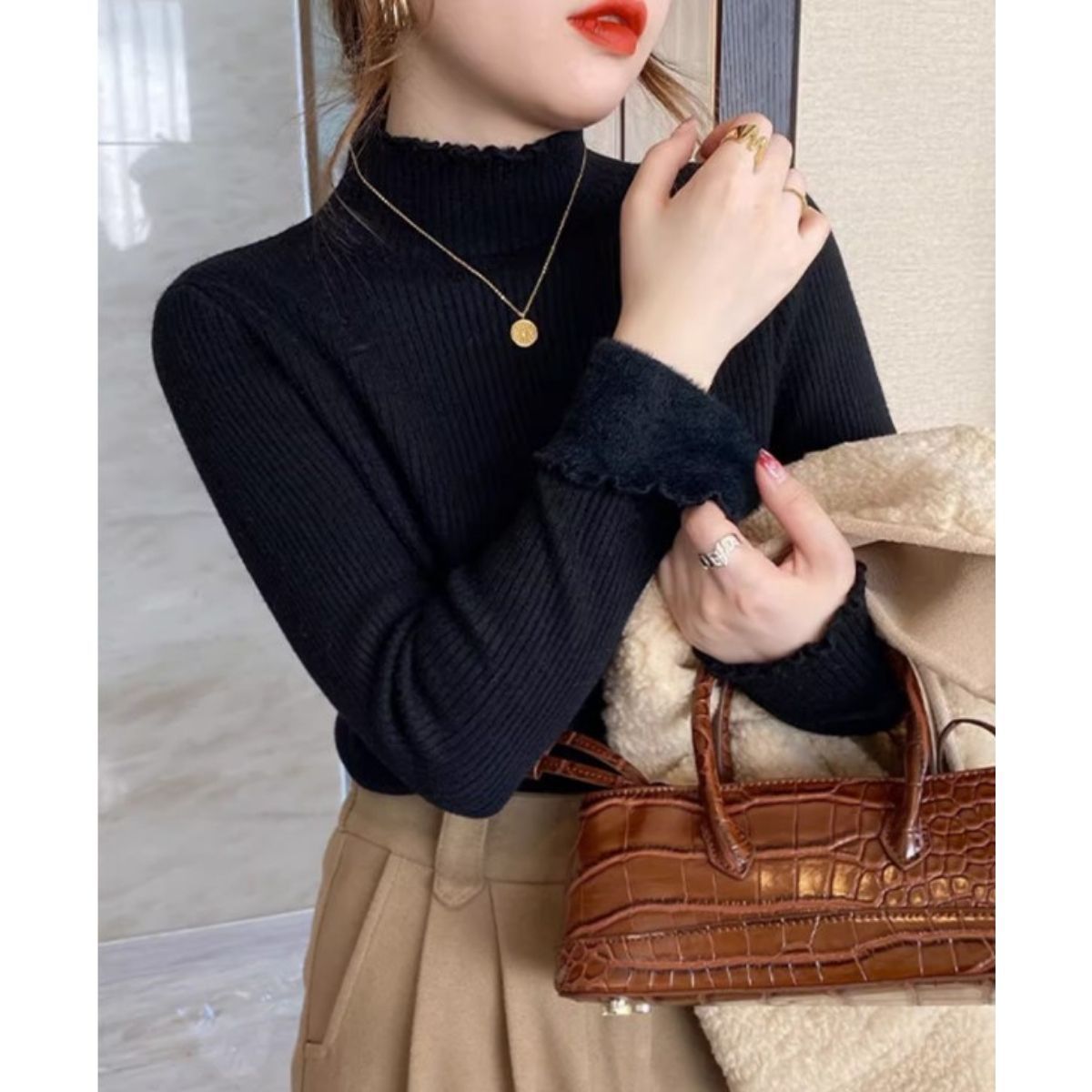 【最大2000円OFFクーポン有】トップス ニット レディース 韓国ファッション 長袖 ハイネック リブ タートルネック 秋冬 きれいめ シンプル 防寒 厚手