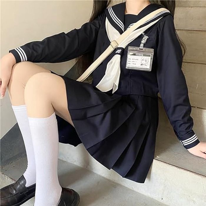 【最大15％OFFお買い物マラソン限定】セーラー服 女子高生 制服 コスチューム 紺色 3点セット ハロウィン 仮装 JK 長袖 前開き 上下セット プリーツスカート 女子制服 本格制服 紺三本 文化祭 卒業式 清純 可愛い ネイビー