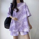 【最大2000円まとめクーポン利用可】レディース セットアップ 半袖 トップス ハーフパンツ ルームウェア 上下 部屋着 ゆったり ロゴプリント タイダイ柄 韓国ファッション 春 夏 秋(4)