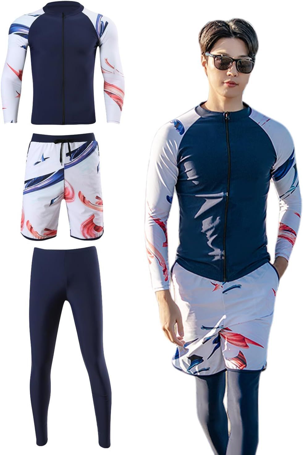 【最大15％OFFお買い物マラソン限定】ラッシュガード メンズ 水着 フィットネス セパレート 長袖 スイミング スイムウェア 3点セット 男性用 ビーチ 水泳 UVカット 吸汗速乾 水陸両用