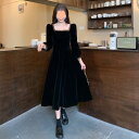 ベロア ワンピース フレンチスタイル 金縁 ボックスネック 秋冬 ヴィンテージ ヘプバーン風 ドレス Aライン ロングドレス