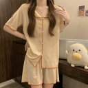 レディース パジャマ ルームウェア 部屋着 上下セット Tシャツ 半ズボン ショートパンツ 夏 夏物 涼しい 涼感 ひんやり 半袖 無地 配色 ボタン シンプル カジュアル かわいい おしゃれ ファッション のんびり(4)