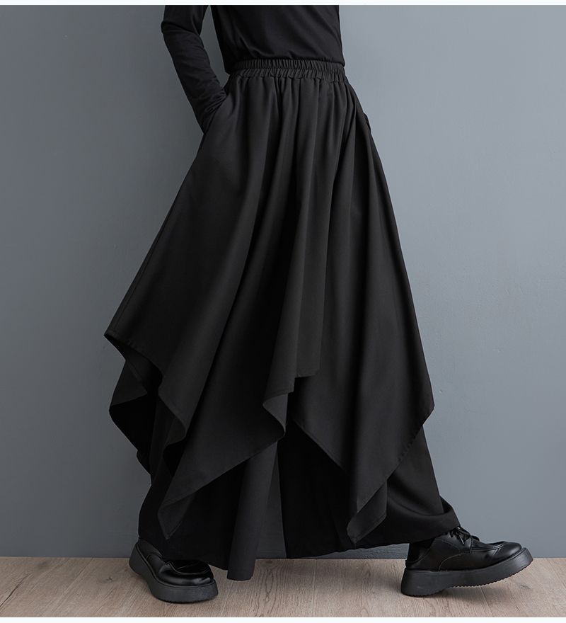 ワイドレッグパンツ アシンメトリー ハイウエスト ロングパンツ ダークパンツ ドレープ ファッショナ