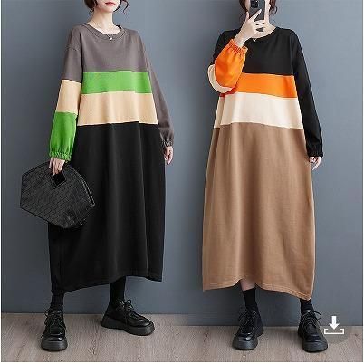 ワンピース レディース ボーダー ニューデザイン 大きいサイズ 配色 長袖 春 秋冬 新品