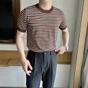メンズ ニットTシャツ ボーダー サマーニット サマーセーター カットソー クールネック 薄手 カジュアル ビジネス 韓国風 トップス