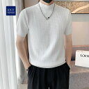 メンズ Tシャツ サマーニット 半袖 モックネック 無地 薄手 波編み ゴルフ シャツ キレイめ レイヤード 丸首 夏 夏服 個性的 デザイン