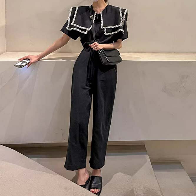 【最大21％OFF夏セールまとめクーポン有】サロペットパンツ レディース デカ襟 オールインワン オーバーオール 夏 新作 2024 韓国風 カジュアル おしゃれ