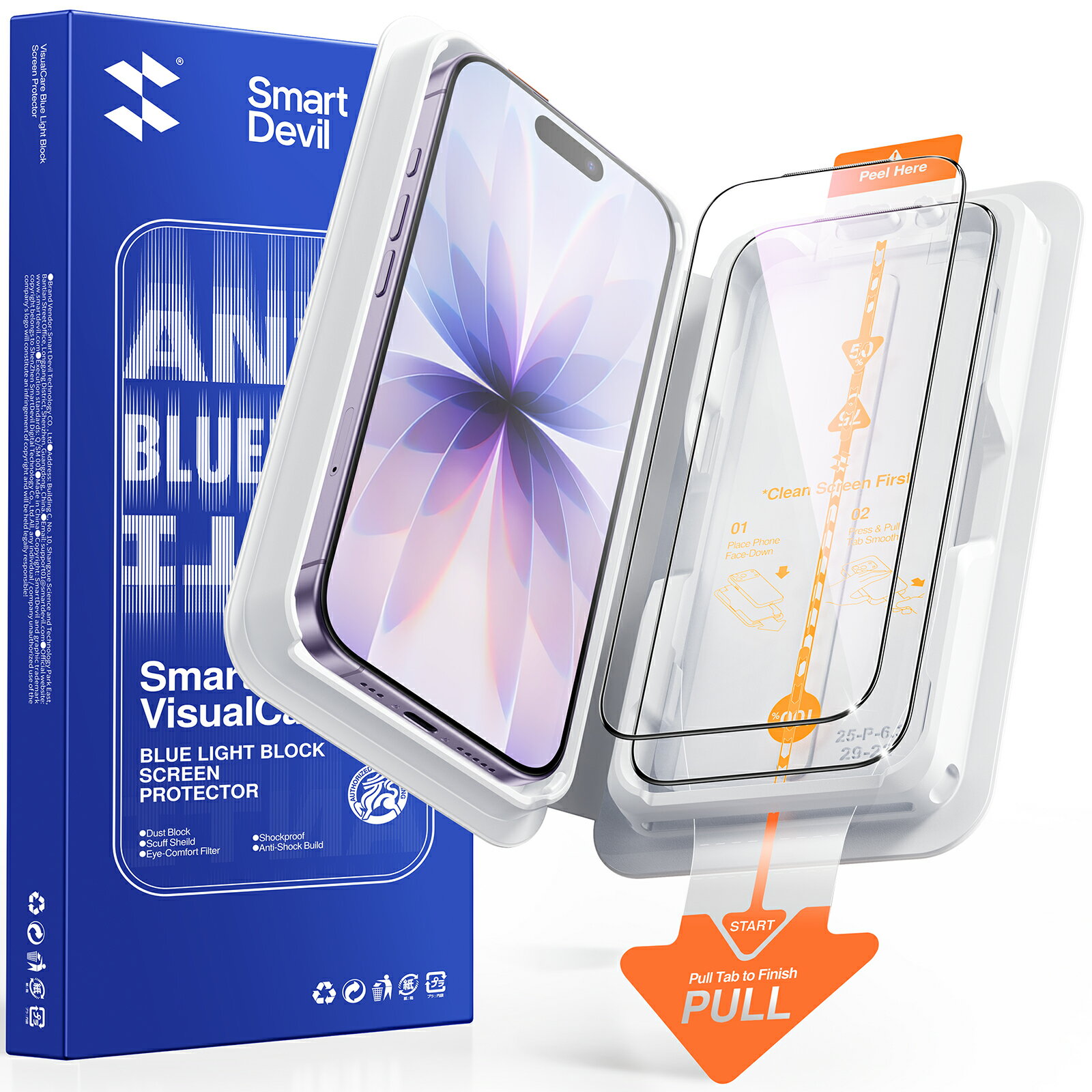 SmartDevil iPhone17pro 保護フィルム ブルーライトカット iPhone17pro ガラスフィルム ブルーライトカット 2枚セット ブルーライトカット 目に優しい TÜV認証 SGS認定品 米軍MIL規格 極細黒縁 全面保護 自動除塵 高透過率 指紋防止