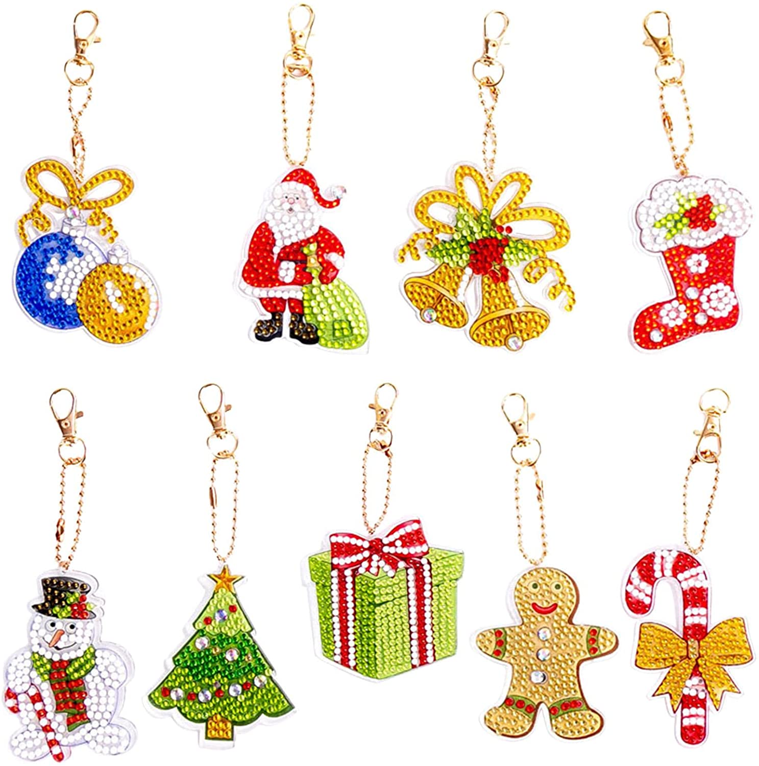 5Dクリスマスキーホルダーキット、クリスマスDIYダイヤモンドアートキット、サンタ、雪だるま、ストッキングパターンを含む9個のフルドリルキーホルダー手工芸品