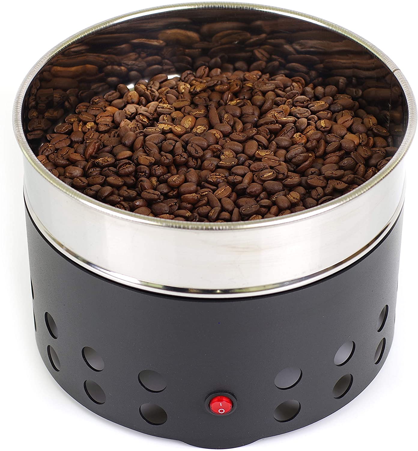コーヒー豆冷却装置：1台 サイズ：20cmx11cm 電圧：110v 容量：350g コーヒークーラー：焙煎後の豆の熱を吸引し豆の温度を下げるコーヒー冷却器具です。上の皿に豆を入れると、下から冷やされる、という仕組み。 冷却用網付き：単層のコーヒークーラー。冷却用網は304ステンレス材質で作られており、直径が約20cmです。円形のデザインは収納に場所を取りませんので自家焙煎をする方にはお勧めの一品です。 おしゃれな設計：金属塗装のため、機体の表面がより滑らかです。上の皿部分は、耐久性に優れている304ステンレス質を採用し、安全安心使用させることができますよ。また、ボタンがたった一つで使いやすく。ボタンを押すと冷却作業が始まります。ボタンを押すと冷却作業が終わります。 ハイパワー：想像以上のパワー。ファンのパワーが強く回転のスピードが3100r/minで短時間焙煎豆の冷却を実現します。珈琲豆冷却器の可容量は350gとなり、別売りのヘラかなんかでかき混ぜると、あっという間に手で触っても熱くないくらいまで冷却完了で焙煎の作業効率大幅アップします。