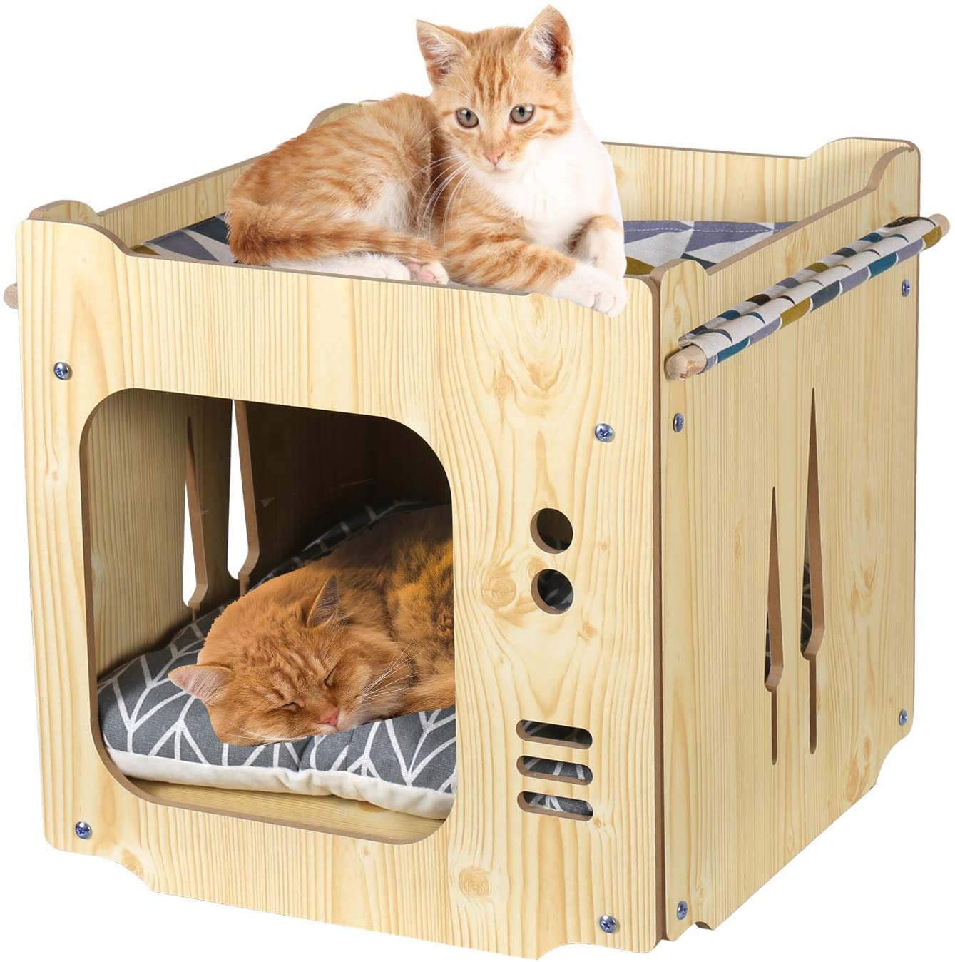 ペットベッド キャットハウス ボックスハウス クッションマット付き ハンモック 2階猫用 ケージ ドーム型 箱型 組み立て 木製 通気 防潮 丈夫 猫ソファ 四季使える