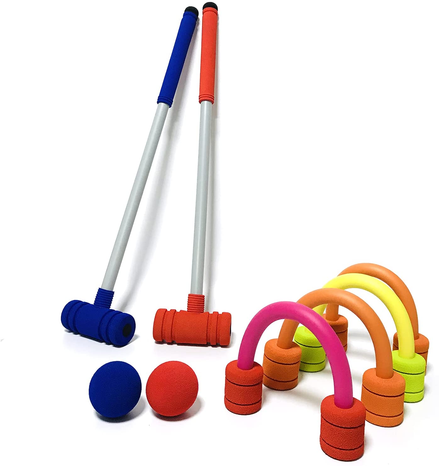 ダブルプレーヤークロケットセット-プラスチック製の木槌、色付きのボール、子供/子供/家族用のウィケットを備えた芝生の裏庭のゲームキット