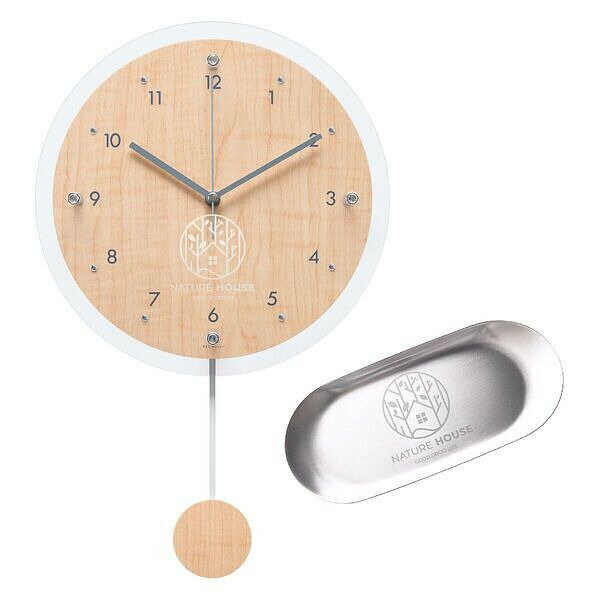 【送料無料】【名入れ】開業祝い、開院祝いのプレゼントに！どっちもステンレスキャッシュトレイ ＆電波時計ナチュラル ロゴ入りセット ロゴも名入れもできる！事務所やプライベートサロン、オープン記念のプレゼントに今大注目の人気アイテム！