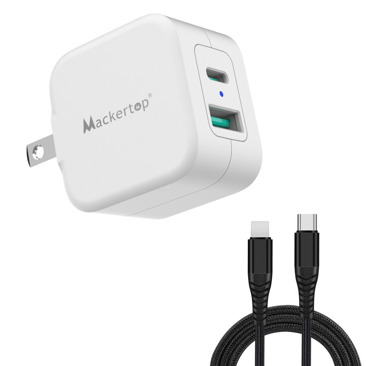 Mackertop 2ポート【1mライトニングケーブル付き】 PD 充電器 20W usb-c電源アダプタ QC 18W USB-A【PSE認証済み】 コンパクト 最軽量 PD充電器 USB Type C Type A 折り畳み式 iPhone12 iPhone11 Pro MAX iPhone XS XR X iPhone8 iPad Pro Glaxy S9 S10 Plus