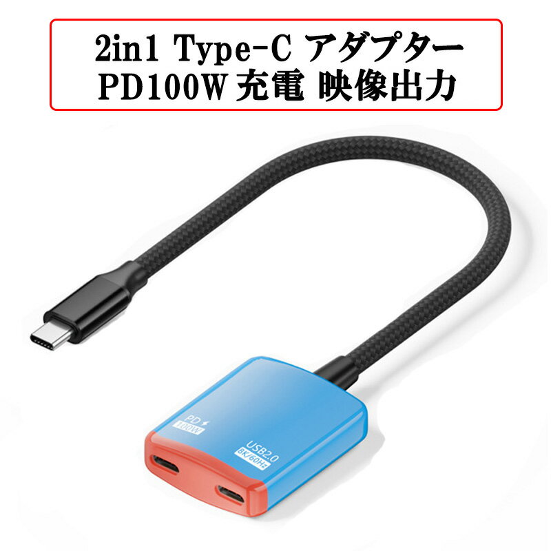 2in1 Type-C マルチポートアダプター 100W 充電 8K 映像出力 USB2.0 480Mbps USB-C アダプター ゲーム機 スマホ タブレット VRグラス