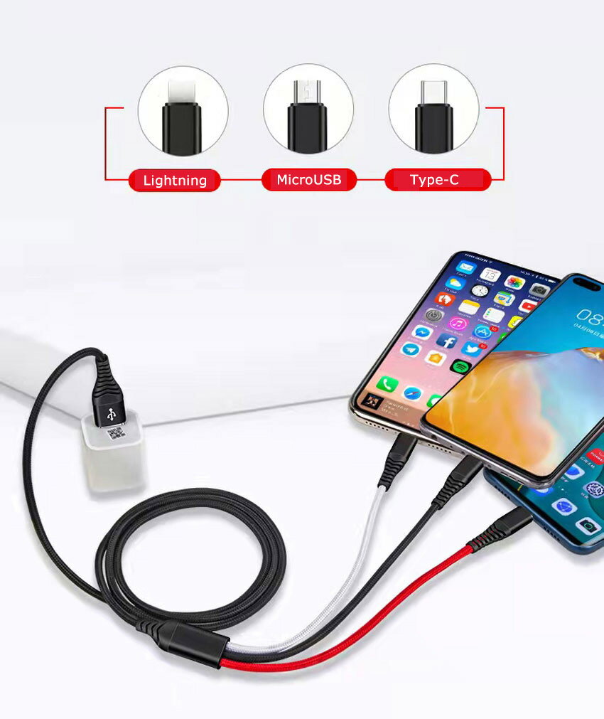 3in1 充電ケーブル 3A 3カラー 急速充電 1.2m iPhone / Android / USB Type C 3in1 USB コード 1本3役 ライトニング / MicroUSB / USB-C 充電ケーブル 高耐久 ナイロン 編み Lightning / タイプC Cable 120cm iPhone /Galaxy / アンドロイド など対応