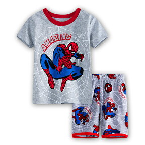 子供服激安　メール便送料無料　男の子パジャマ　スパイダーマン　綿100％　灰色　半袖Tシャツ　ハーフパンツ　上下セット　子供　男の子　グレー　パジャマ　上下セット　子ども　寝巻き　キャラクター