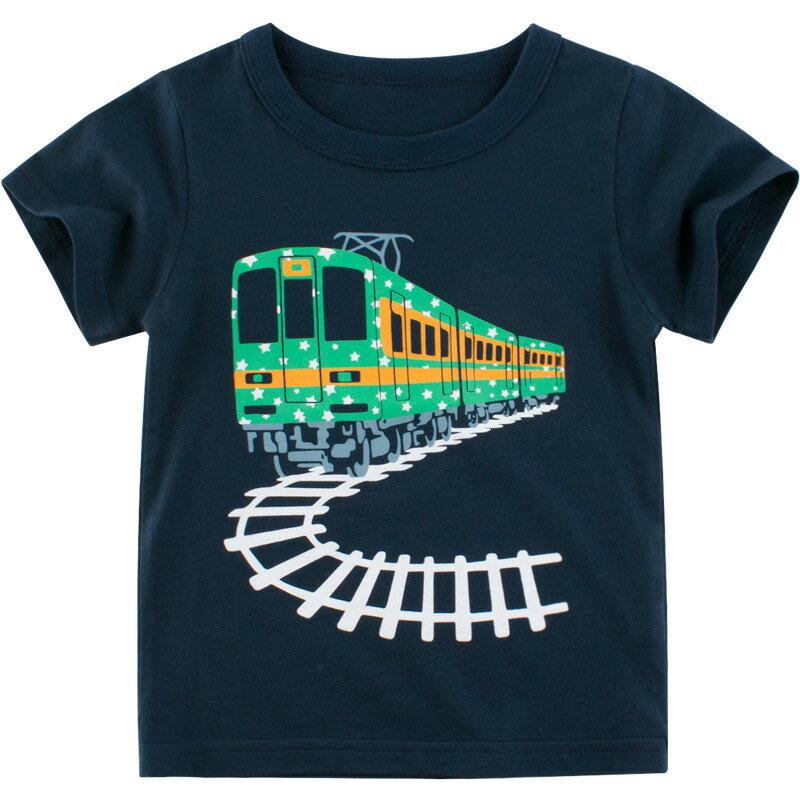 子供服激安 男の子 カー 鉄道 電車 カッコイイ プリントTシャツ T-shirt 子供服 電車柄 半袖 春用 夏用 トップス 男子 男の子 ボーイズ ジュニア キッズ こども 紺色 ネイビー 100cm 110cm 120cm 130cm 140cm