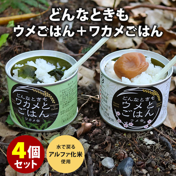 ウメ缶どんなときもウメとごはん＋ワカメ缶どんなときもワカメとごはん 4個セット 2種 各2 梅 わかめ アルファ化米 永岡食品 缶詰 【送料無料】【食品A】【DM】【海外 】