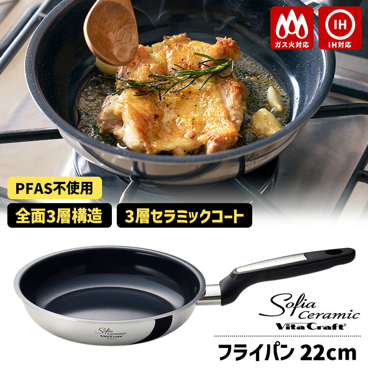 21 cm〜25 cm - ＼3月発売／ 【特典付】ビタクラフト ソフィアセラミック フライパン 22cm （Vita Craft ガス・IH対応 PFASフリー PFOAフリー 全面3層構造 3層セラミックコート ダイヤモンドパウダー配合）【ポイント10倍/送料無料/選べるおまけ付】【p0518】【：185】