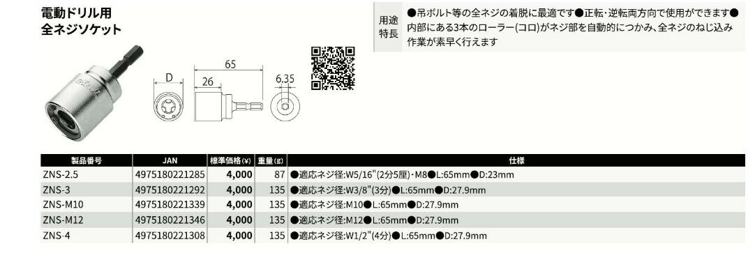 楽天市場】電動ドリル用全ネジソケット zns－4の通販