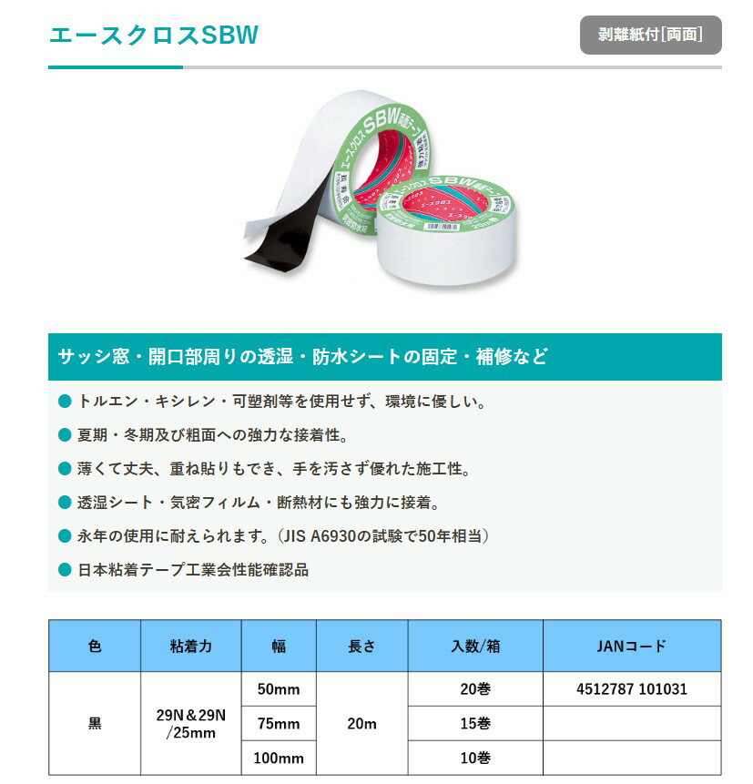 【60巻入】　光洋化学　エースクロス　SBW　50mm×20M　気密防水気密テープ　剥離紙付[両面]　3ケース（60巻）　【代引不可】【北海道・沖縄・離島配送不可】 2