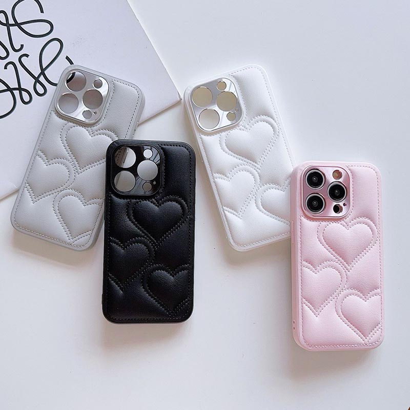 iphone17 ケース 互換品 iPhone ハートキルティング 耐衝撃 合皮レザー 立体ハート レンズカバー付き かわいい スマホカバー スマホケース アイフォンケース iphone16 15plus 16promax iphone17PRO