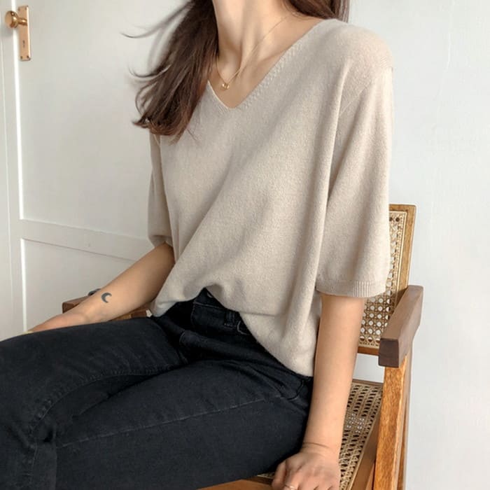 樂天商城 - トップス シンプル 半袖 サマーニット Vネック 夏 夏ニット レディース おしゃれ 体型カバー Tシャツ tシャツ 20代 30代 40代 50代 通勤 カットソー 15301