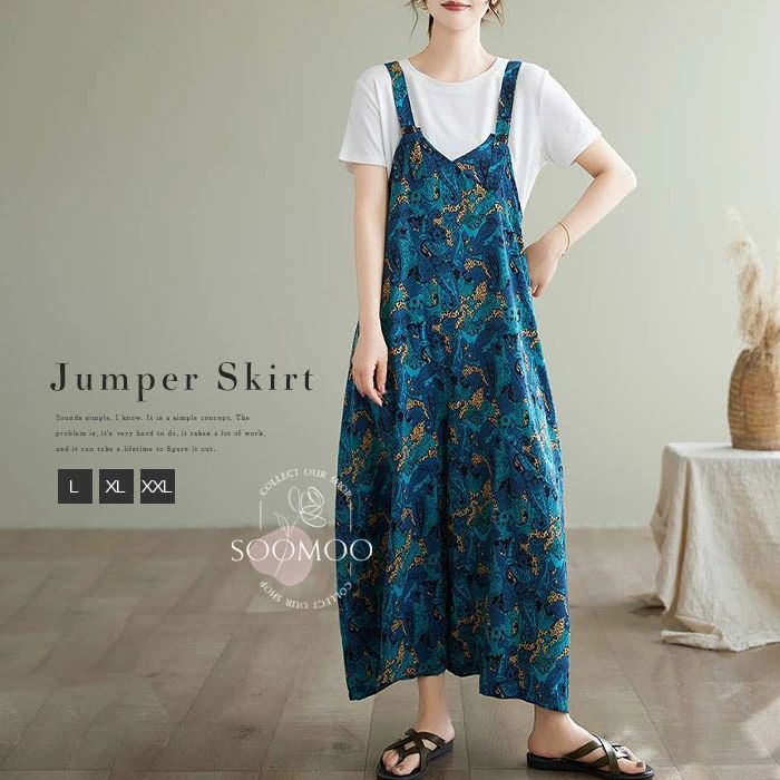 樂天商城 - サロペット パンツ 花柄 総柄 レディース オールインワン ノースリーブ ワイドパンツ サロペットパンツ ロング丈 マキシ丈 ロングパンツ オーバーオール 体型カバー 着痩せ ゆったり カジュアル 森ガール エスニック 重ね着 ナチュラル 春 夏 秋