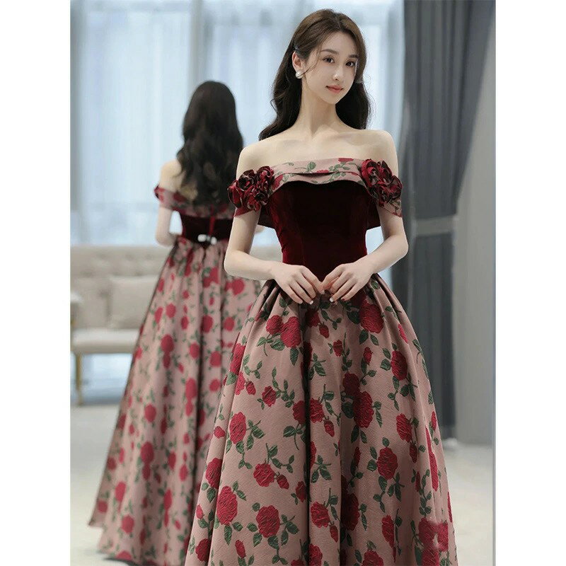 樂天商城 - ロングドレス オフショルダー 花柄 ワンピース ドレス パーティードレス ベルベット フォーマルドレス 演奏会 結婚式 二次会 エレガント 上品 大きいサイズあり