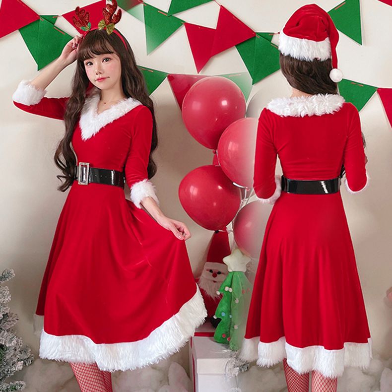 乐天商城 - クリスマス ワンピース サンタ コスプレ レディース セクシー クリスマス 仮装 赤 衣装 コスチューム レッド 仮装 変装 女性 大人 服 長袖 半袖 かわいい サンタクロース パーティーグッズ イベント用品 余興 クリスマス 3点セット 帽子 ワンピース ベルト