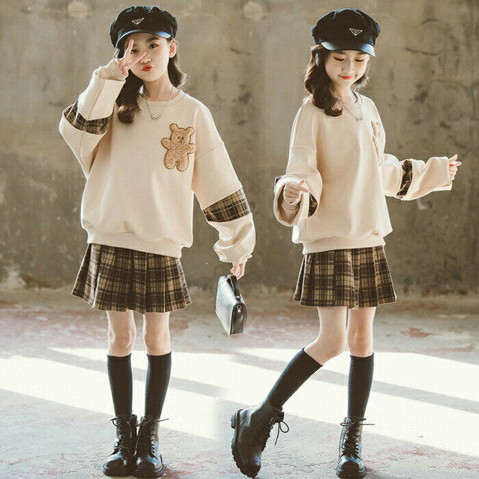 乐天商城 - 韓国こども服 セットアップ 子供服 カジュアル 女の子 ナチュラル パーカー スカート プリーツスカート 長袖 上下セット あつたか 2点セット 秋冬 防寒 お姫系 洋服 暖かい 厚手 暖かい チェック柄 長袖 上下セット カジュアル ジュニア服 親子服 130-170cm