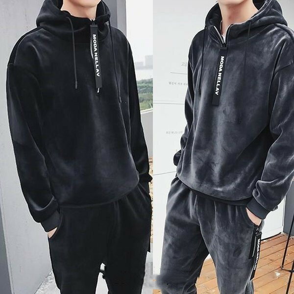Thick velour men's tracksuit set with hoodie and sweatshirt, long-sleeved set, sweatshirt