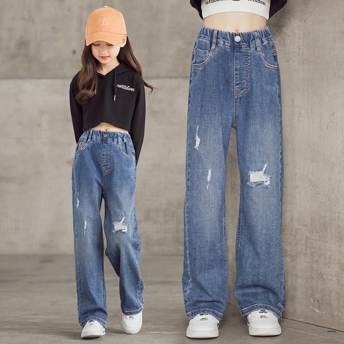 樂天商城 - 韓国子供服 おしゃれ デニムダメージジーンズ シンプル 女の子 パンツ 子供 学生 レジャー デニムロングパンツジーパン ジーンズ キッズ ボトムス デニムダンスジュニア 子供服 女の子 大人気 レジャー ジーンズ