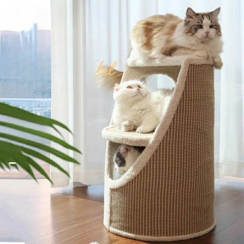樂天商城 - 3段式キャットツリー 省スペース設計 猫ハウス一体型 屋内用ツリーハウス コンパクト猫タワー 麻ロープ爪とぎ付き 安心設計 天然素材