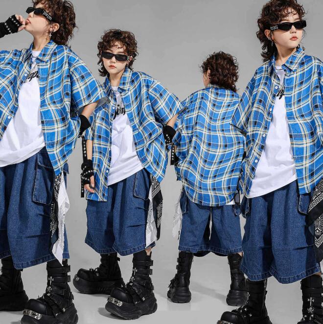 キッズ ヒップホップ ダンス衣装 男女兼用 ダボ感 ダンス演出服 半袖 チェック柄シャツ カーゴパンツ デニム 半ズボン 個性 ポッピング ロッキング 演出服 かっこいい