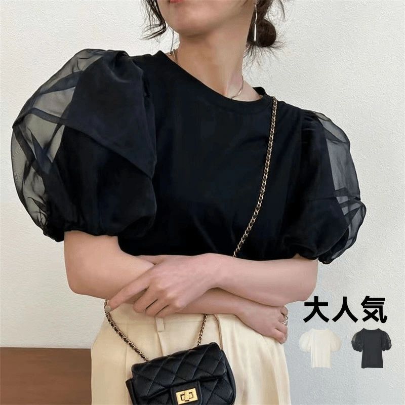 乐天商城 - 透け素材 チュールスリーブ ブラック パフスリーブ シアー ブラウス 半袖 レディース ふんわり シアトップ 夏 バルーン袖 可愛い パフ袖 バルーン 白 黒 ラウンドネック Tシャツ ランタンスリープ ブラック ホワイト 上品 フェミニン オフィス デート